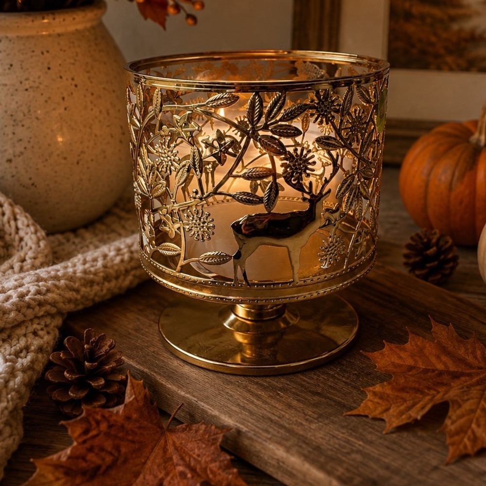 Bath and Body Works Gold Woodland Deer 3-Wick Candle Pedestal Holder Sleeve